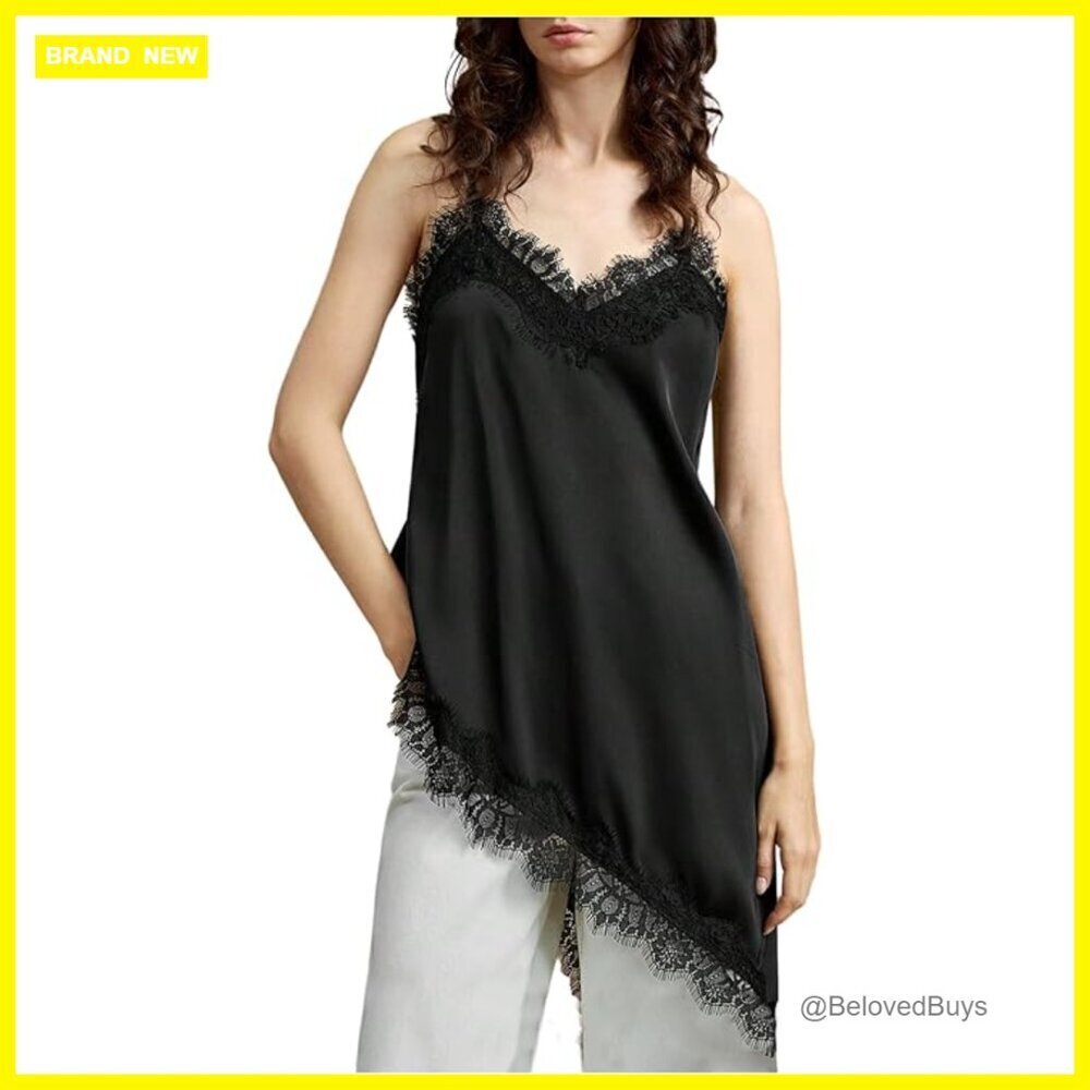Lace Trim Camisole V Neck Sleeveless Spaghetti Strap Asymmetrical Flared Top